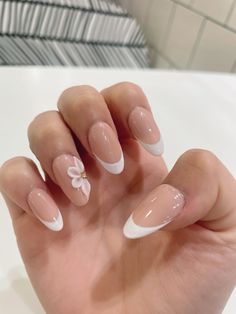 Almond nails french tip 3D flower acrylic nails 3d Flower Acrylic Nails, Flower Acrylic Nails, Almond Nails French Tip, Grad Nails, Almond Nails French, Hoco Nails, Bridal Nails Designs, Nails French Tip, December Nails