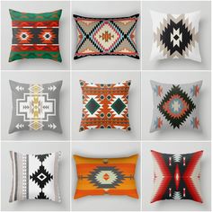 six different colored pillows with designs on them and one is black, white, red, green, orange