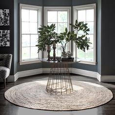 a living room with two windows and a rug on the floor in front of it