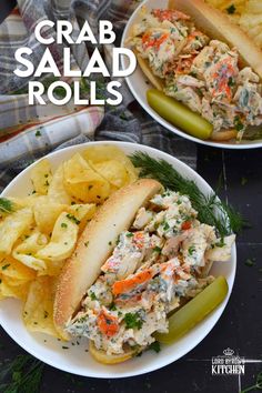 crab salad rolls with pickles and potato chips