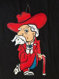 a drawing of an old man with a red hat and long white beard holding a cane