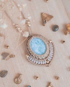 Bohemian Larimar Necklace For Gift, Bohemian Blue Larimar Jewelry, Bohemian Larimar Jewelry With Natural Stones, Bohemian Larimar Natural Stone Jewelry, Bohemian Jewelry Gift, Macrame Pendant, Small Macrame, Amulet Necklace, Larimar Stone