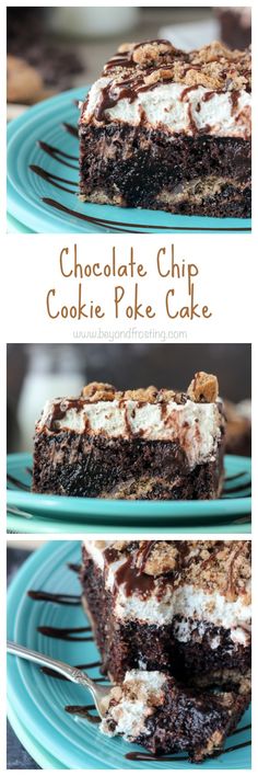 chocolate chip cookie poke cake on a blue plate