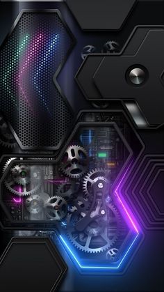 an abstract background with gears and hexagons in blue, purple and black colors