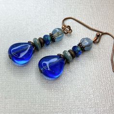 Sapphire Blue Boho Earrings Czech Glass Beaded Earrings - Etsy Blue Metal Beaded Drop Earrings, Czech Glass Teardrop Dangle Earrings With Ear Wire, Blue Dangle Teardrop Earrings For Pierced Ears, Blue Beaded Teardrop Earrings For Gift, Blue Dangling Beads Teardrop Earrings, Blue Teardrop Czech Glass Beaded Earrings, Blue Teardrop Beaded Earrings With Czech Glass, Blue Czech Glass Teardrop Beaded Earrings, Blue Bohemian Drop Earrings