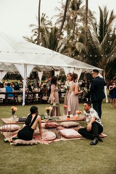 a group of people sitting on top of a lush green field next to palm trees