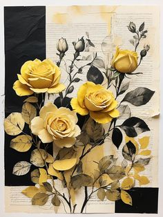 an altered photograph of yellow roses on a piece of paper with black and white background