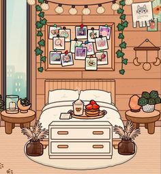 a cartoon bedroom with pictures hanging on the wall