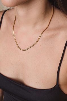 By HELOISE Wear this necklace as the perfect layer add on or just by itself to subtly accessorize! This necklace represents the delicacy and elegance in the modern women. Handmade by Colombian jewelers and artisans, this necklace is perfect for every soul. Materials: 24K gold plated bronze Length: 18 inches Width: 0.59 inches Closure: Lobster clasp Gold Snake Chain Choker For Everyday, Chic Gold Snake Chain Necklace For Everyday, Chic Everyday Gold Snake Chain Necklace, Classic Gold Snake Chain Necklace For Everyday, Chic Gold Herringbone Necklace With Delicate Chain, Elegant Gold-tone Herringbone Necklace Gift, Gold Plated Snake Chain Necklace Gift, Dainty Gold Plated Snake Chain Necklaces, Yellow Gold Snake Chain Jewelry For Layering