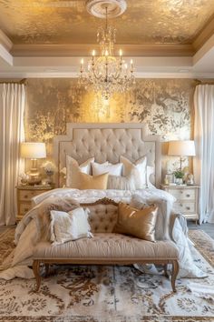 a large bed sitting under a chandelier in a bedroom