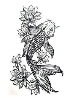 a drawing of a koi fish and flowers