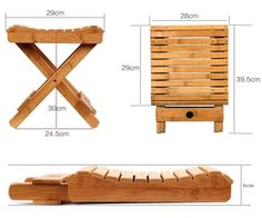 a wooden bench and stool with measurements