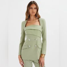 Brand New Suit From Lavish Alice In Sage Green; Blazer Size 4/Pant Size 4 Fitted Green Pantsuit For Party, Green Long Sleeve Pantsuit For Party, Fitted Green Pantsuit For Night Out, Green Fitted Pantsuit For Night Out, Elegant Long Sleeve Cocktail Sets, Chic Fitted Set For Cocktail, Chic Fitted Cocktail Set, Green Fitted Evening Suit, Elegant Green Evening Pantsuit