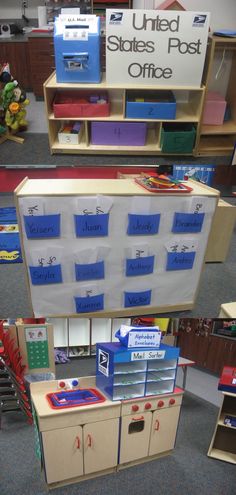 the shelves are filled with different types of office supplies