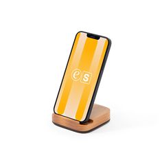 an iphone on a wooden stand with the letter s in white and yellow striped pattern