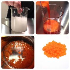 four pictures showing different stages of making orange jellies in a blender, and then pouring them into a measuring cup