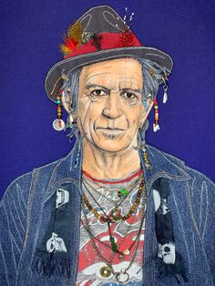 a drawing of an old man wearing a hat and beads on his neck, with a blue background