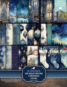 the night before christmas paper pack is shown in blue and white colors, with stockings hanging from