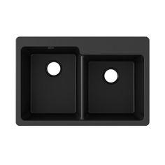 black double bowl sink with two holes on the front and side, both facing each other