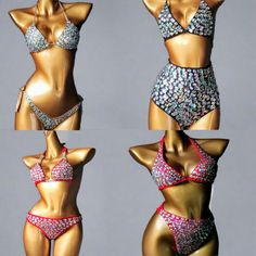 three pictures of different types of bikinis on mannequins, one in gold and the other in red