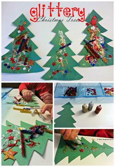 christmas tree craft for kids to make with glue and beads on the bottom, then cut out