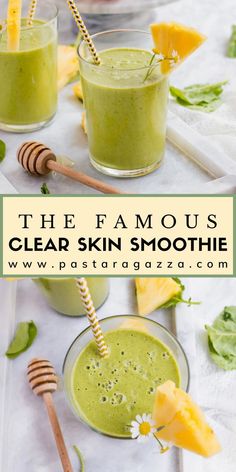 two glasses filled with green smoothie next to sliced pineapple