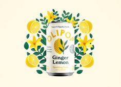 a can of ginger lemon soda surrounded by lemons and leaves on a yellow background