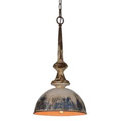 an old light fixture hanging from a chain on a white background with no one in it