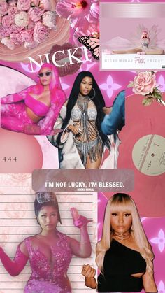 a collage of photos with pink flowers and other things in the background, including an image of nicki