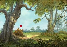 a painting of a red ball in the middle of a forest with trees and grass