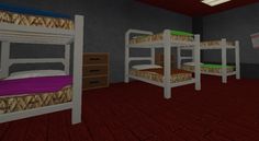 three bunk beds in a room with red carpet and white walls, one is green and the other is brown