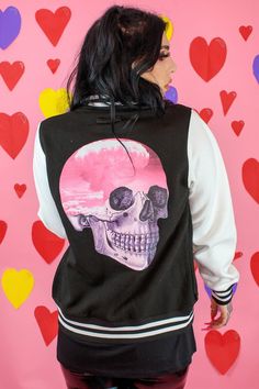 "Atomic Cloud Skull Varsity Jacket in black with white sleeves If you want to wear it oversized we recommend going 1 or 2 sizes up! Model wears size: L This is a Grunge Monkey exclusive creation, designed and made in our Chester studio. Size: S (UK 8 - 10), M (UK 12 - 14), L (UK 16 -18), XL (20 - 22) XXL (24 - 26) Measurements: S 34\" M 38\" L 42\" XL 46\" 2XL 50\" Material: 70% Cotton/ 30% Polyester **THIS ITEM IS MADE TO ORDER - DELIVERY TIME MAY BE LONGER THAN USUAL**" Varsity Jacket Pink, Goth Kawaii Fashion, Kawaii Jacket, Goth Jacket, Clothing Kawaii, Baby Pink Sweater, Pale Grunge, Pink Oversized Sweater, Boiled Wool Jacket