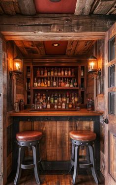 two stools in front of a wooden bar with bottles on the shelves and lights above