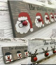 an image of christmas decorations on the side of a wooden sign with santa and snowmen