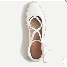 Stunning White Lace Up Espadrilles By J Crew White Espadrilles With Woven Sole And Ankle Strap, White Flat Heel Espadrilles For Spring, White Flat Espadrilles With Rubber Sole, Lace Up Espadrilles Flats, Espadrille Flats, Lace Up Espadrilles, Flat Espadrilles, Espadrille Shoes, White Lace