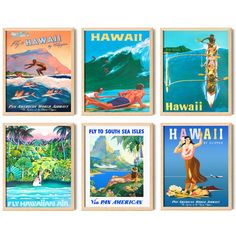 four vintage hawaii travel posters are displayed in wooden frames on a white background, each with an individual's name