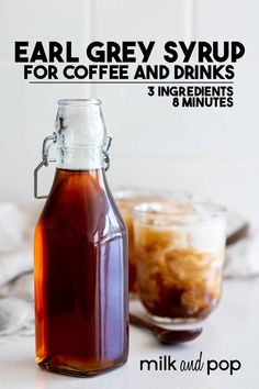 a bottle of Earl Grey Simple Syrup and two coffees. Earl Grey Syrup Recipe, Syrup For Coffee Recipe, Earl Grey Simple Syrup Recipe, Earl Grey Concentrate, Coffee Syrups Homemade, Simple Syrup Recipe For Coffee, Flavored Simple Syrup Recipe, Earl Grey Simple Syrup, Earl Grey Recipes