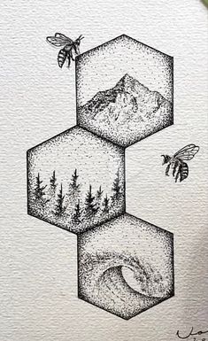 a drawing of three cubes with trees and mountains in the middle, surrounded by bees