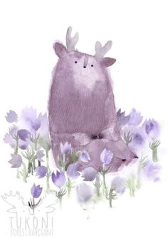 a watercolor painting of a stuffed animal sitting in the middle of purple and white flowers