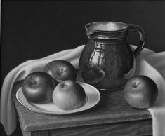 a painting of apples and a pitcher on a table