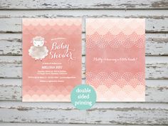 two baby shower cards with pink and white designs on them, one is for a sheep