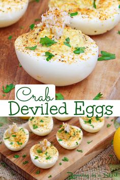 deviled eggs on a cutting board with parsley sprinkled on top and the title overlay reads crab deviled eggs