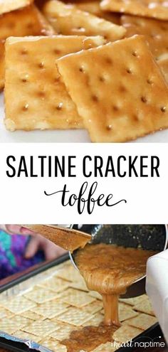 saltine cracker toffe on a tray with the words saltine cracker toffe