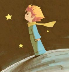 a drawing of a boy standing on top of a hill looking up at the stars