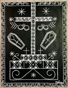 a black and white drawing of a cross with two faces in the center, surrounded by other symbols