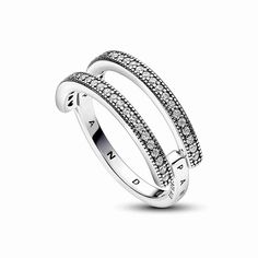 Take your signature stack to the next level with the Pandora Signature Logo & Pavé Double Band Ring. The unique shape of this sterling silver ring makes it a stand-out piece; one half features two parallel bands with rows of sparkle framed by microbeading, the second half is a single band that connects the double shape, creating a sculptural contrast. Perfect on its own or layered, it's the jewelry collection essential you'll reach for over and over. Double Band Ring, Pandora Ring, Double Band Rings, Pandora Rings, One Half, Expensive Jewelry, Thomas Sabo, Ring Size Guide, Signature Logo