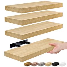 three wooden shelves are shown with different colors and sizes to choose from, including one for each shelf