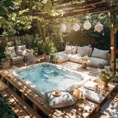 a hot tub sitting on top of a wooden deck