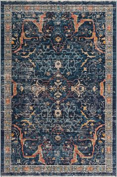 an area rug with blue and orange colors