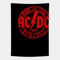 the ac / dc rock and roll logo is shown in red on a black background